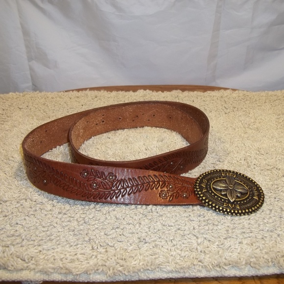 Fossil Accessories - Fossil Tooled Belt Brown Floral Buckle Size Large